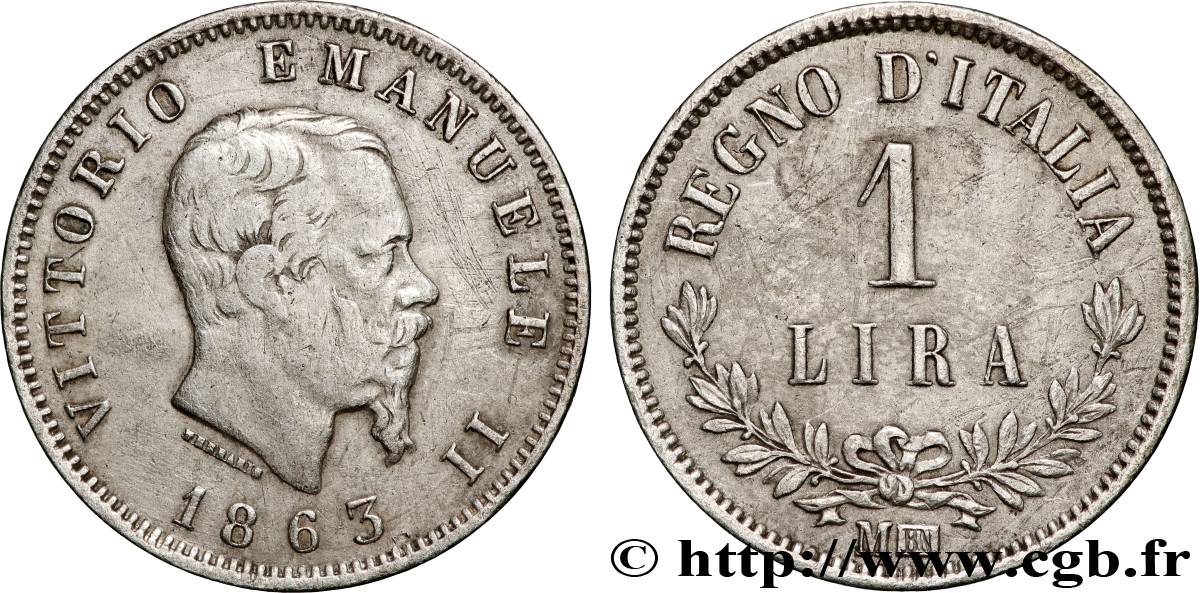 ITALIE 1 Lira Victor Emmanuel II 1863 Milan TB+ 