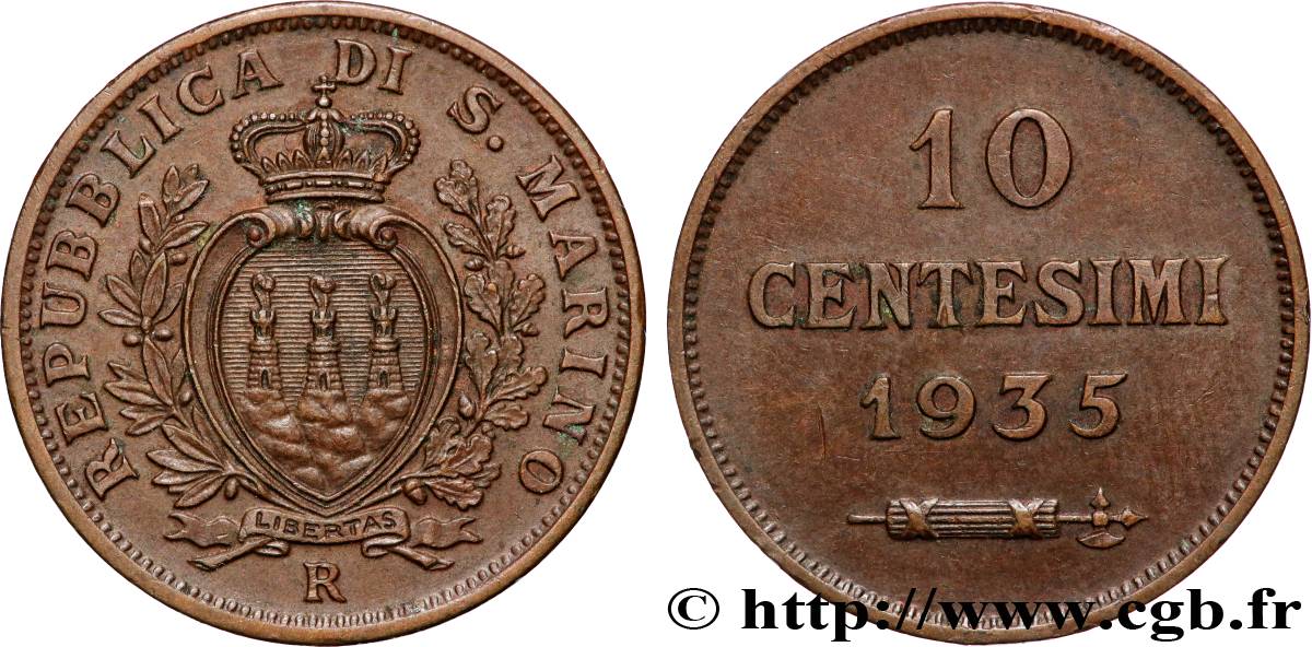 SAN MARINO 10 Centesimi écu aux trois tours 1935 Rome SPL 