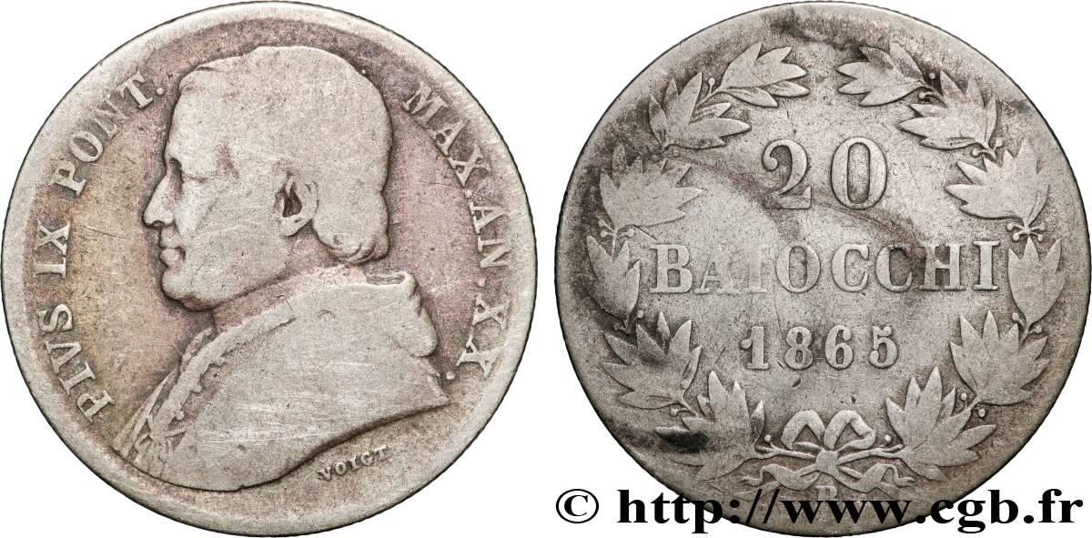 ITALIA - ESTADOS PONTIFICOS - PIE IX (Giovanni Maria Mastai Ferrettii) 20 Baiocchi an XX 1865 Rome BC 