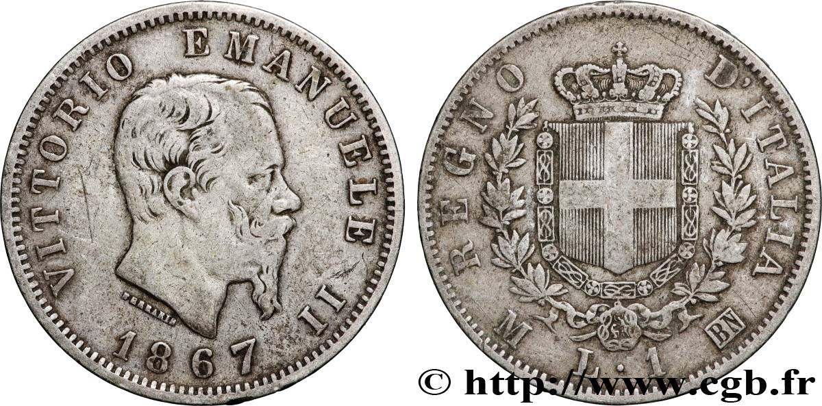 ITALIEN 1 Lire Victor Emmanuel II 1867 Milan S 