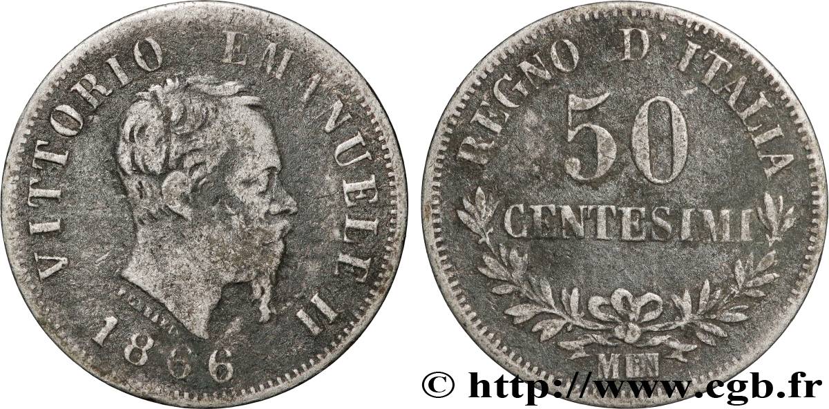 ITALIE 50 Centesimi Victor Emmanuel II 1866 Milan TB 