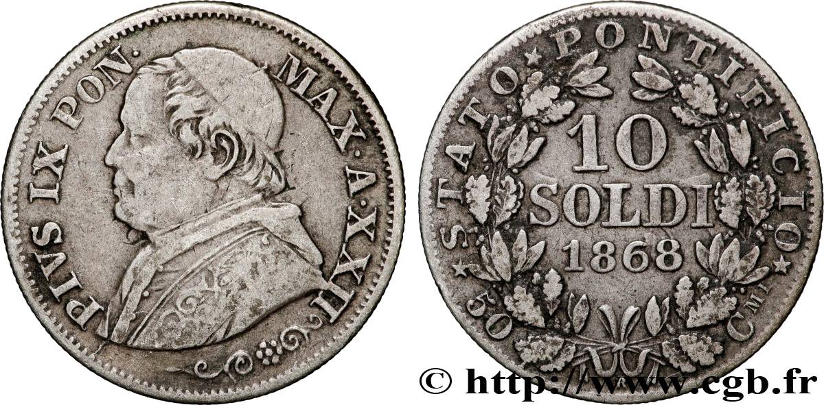 VATICANO Y ESTADOS PONTIFICIOS 10 Soldi (50 Centesimi) Pie IX an XXII 1868 Rome MBC 