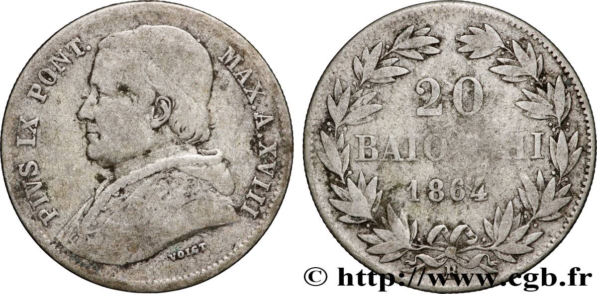 VATICAN ET ÉTATS PONTIFICAUX 20 Baiocchi Pie IX an XVIII 1864 Rome TB 