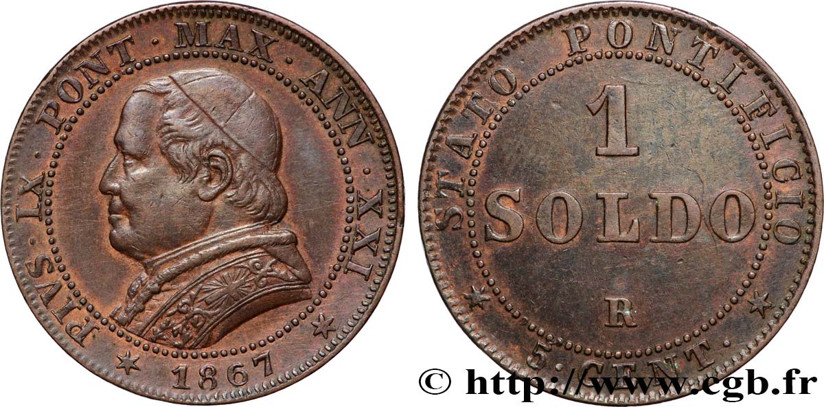 VATICAN ET ÉTATS PONTIFICAUX 1 Soldo an XXI buste large 1867 Rome TTB 