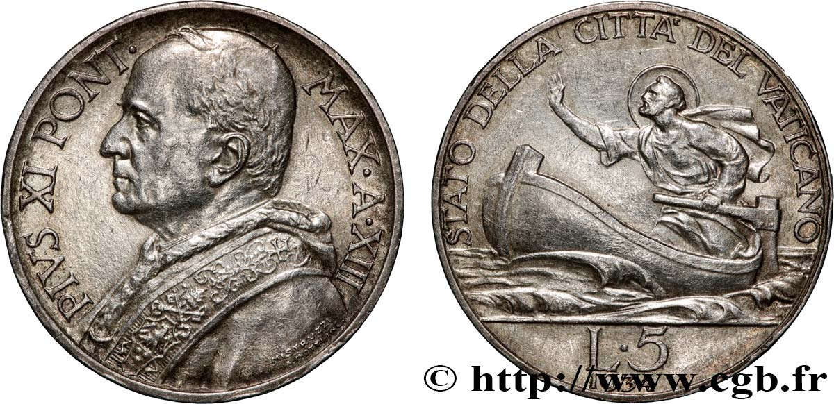VATICAN AND PAPAL STATES 5 Lire Pie XI Saint Pierre sur une barque 1934  AU 