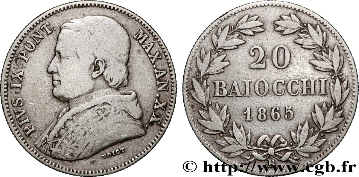 ITALY - PAPAL STATES - PIUS IX (Giovanni Maria Mastai Ferretti) 20 Baiocchi an XX 1865 Rome VF 