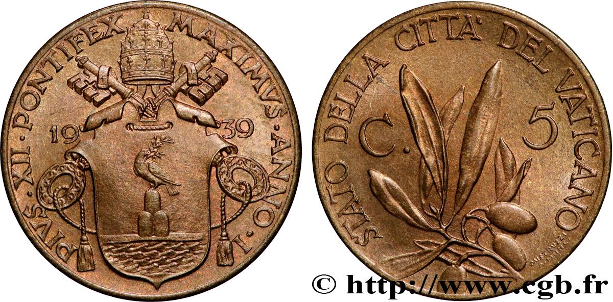 VATICAN AND PAPAL STATES 5 Centesimi Pie XII an I 1939 Rome AU 