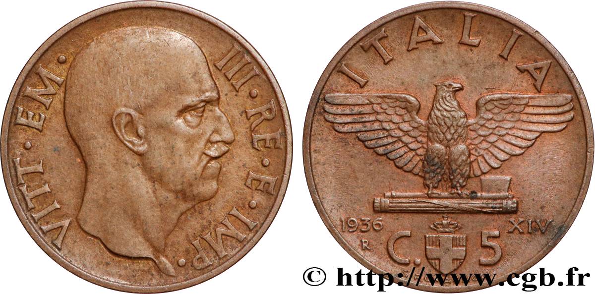 ITALIE 5 Centesimi  Victor Emmanuel III an XIV 1936 Rome - R TTB+ 