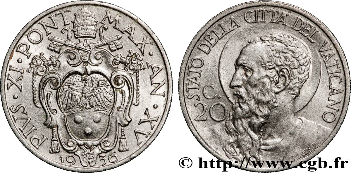 VATICAN ET ÉTATS PONTIFICAUX 20 Centesimi Pie XI an XV 1936 Rome SUP 