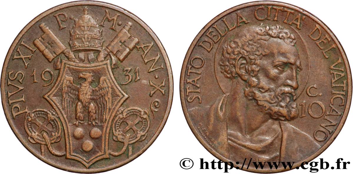 VATICAN ET ÉTATS PONTIFICAUX 10 Centesimi Pie XI an X 1931 Rome TTB+ 