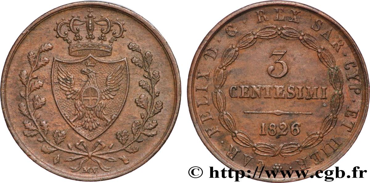 ITALIA - REGNO DE SARDINIA 3 Centesimi type au “L” 1826 Turin q.SPL 