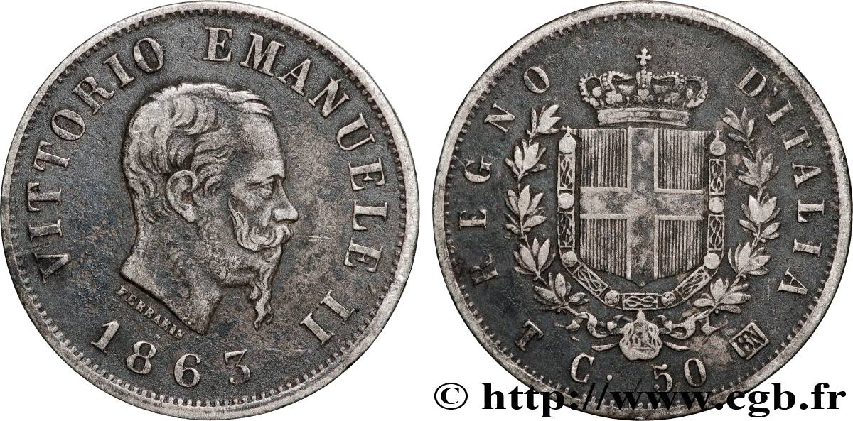 ITALY 50 Centesimi Victor Emmanuel II 1863 Turin - T XF 