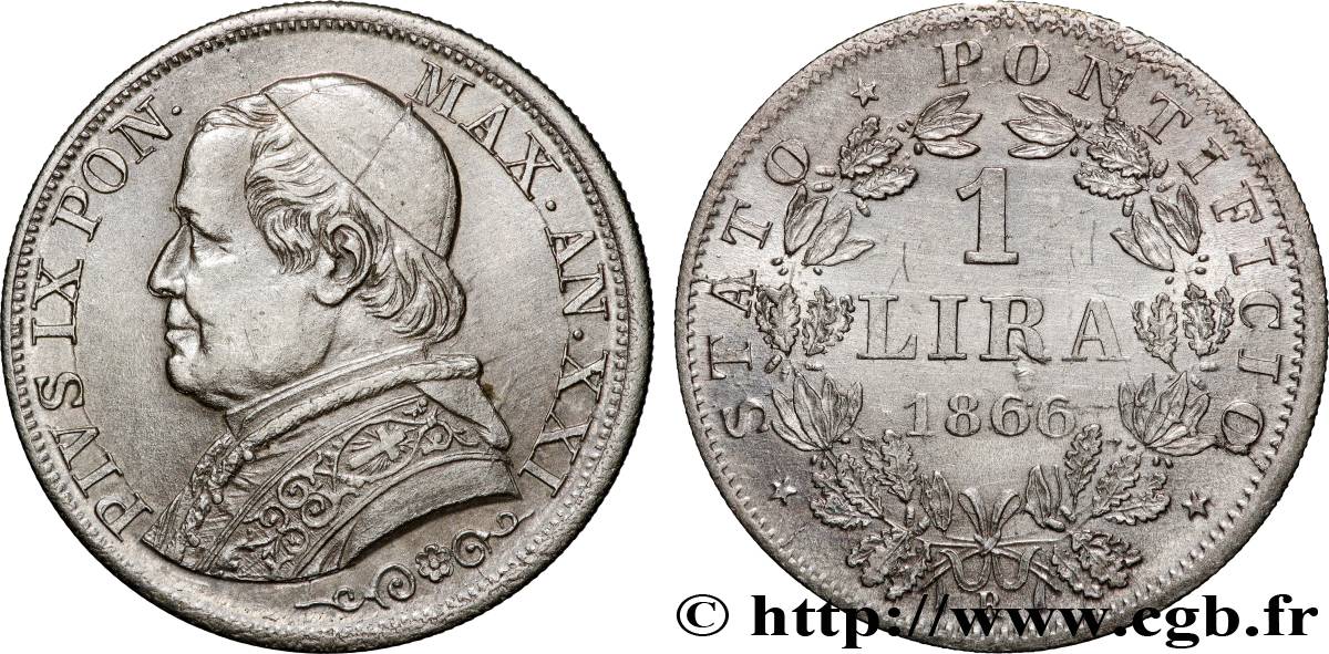 VATICANO Y ESTADOS PONTIFICIOS 1 Lire Pie IX type grand buste an XXI 1866 Rome MBC+ 