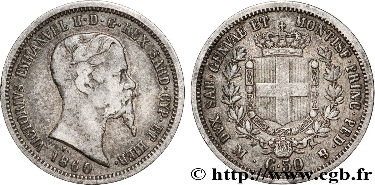 ITALIA - REINO DE CERDEÑA 50 Centesimi Victor Emmanuel II 1860 Milan BC+ 