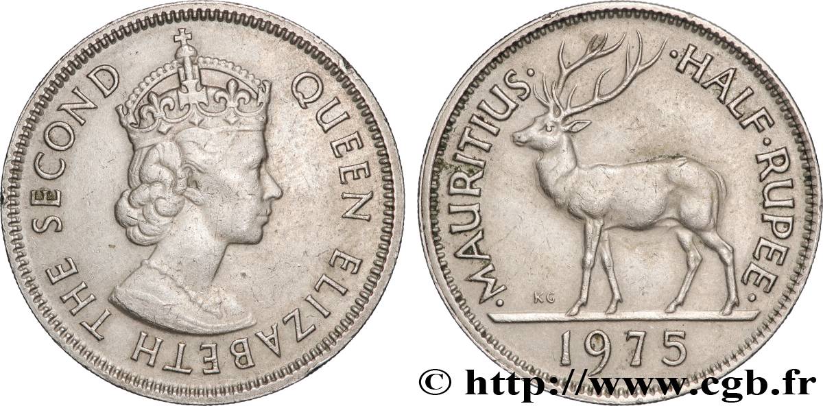 ÎLE MAURICE 1/2 Roupie Elisabeth II 1975 Llantrisant TTB+ 