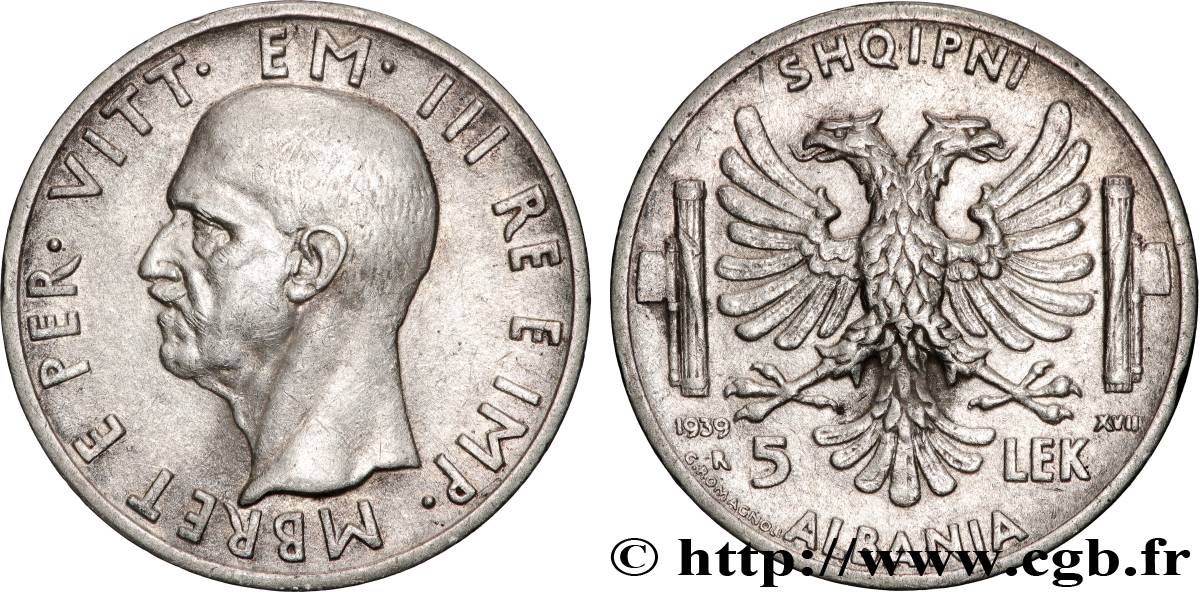 ALBANIA 5 Lek Victor-Emmanuel III 1939 Rome AU 