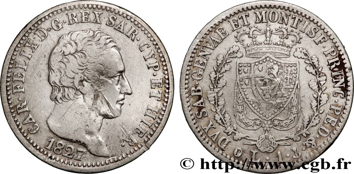 ITALY - KINGDOM OF SARDINIA 1 Lire Charles Félix, roi de Sardaigne 1827 Gênes VF 