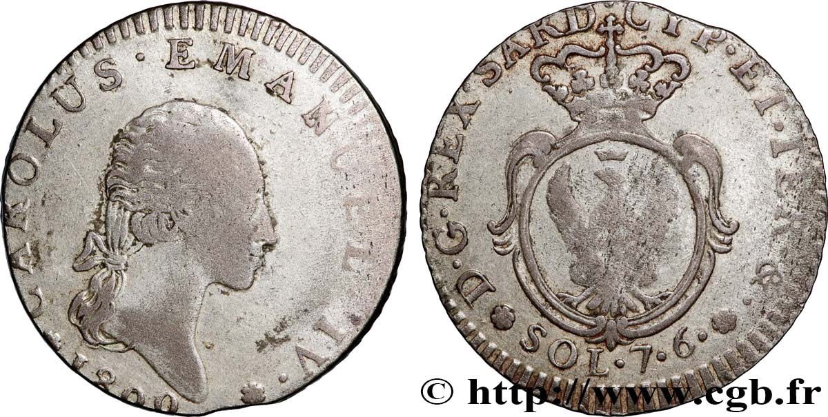 ITALIA - REGNO DE SARDINIA 7 Soldi 6 Denari Charles-Emmanuel IV 1800 Turin MB 