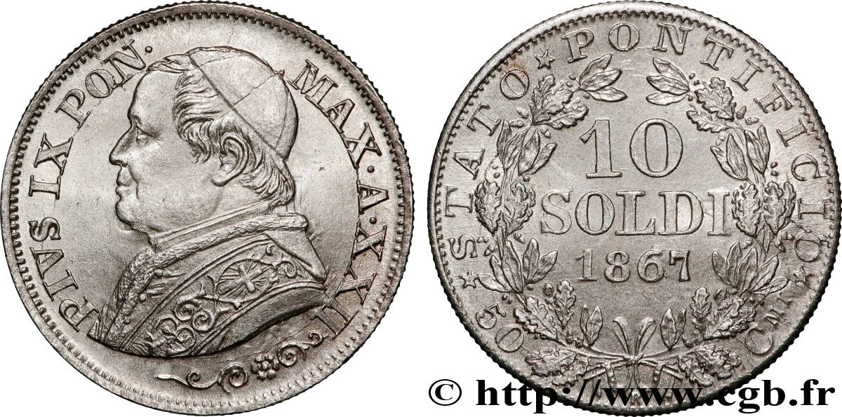 VATICAN ET ÉTATS PONTIFICAUX 10 Soldi Pie IX an XXII 1867 Rome TTB+ 