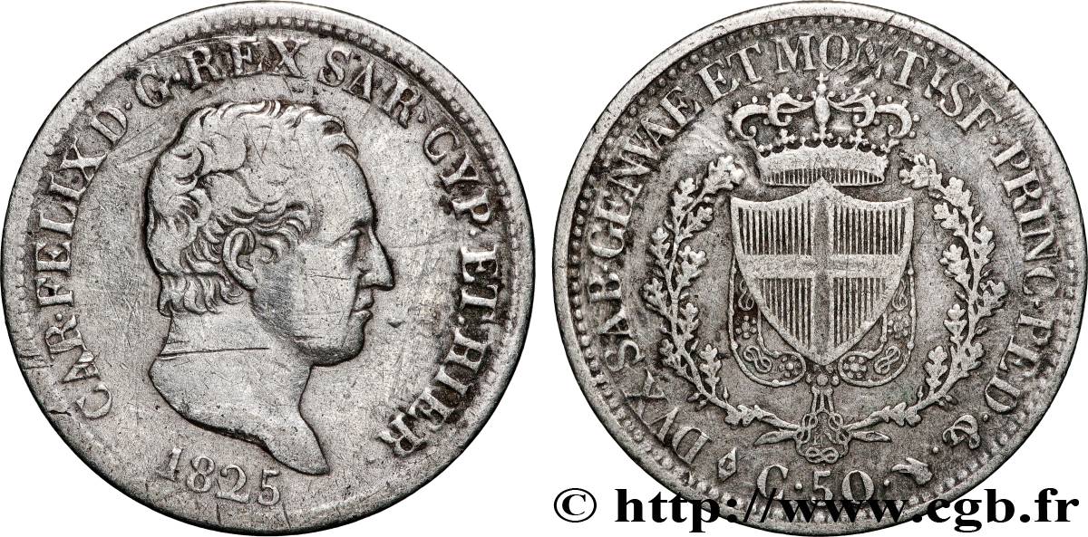 ITALIA - REGNO DE SARDINIA 50 Centesimi Charles-Félix 1825 Turin q.BB 