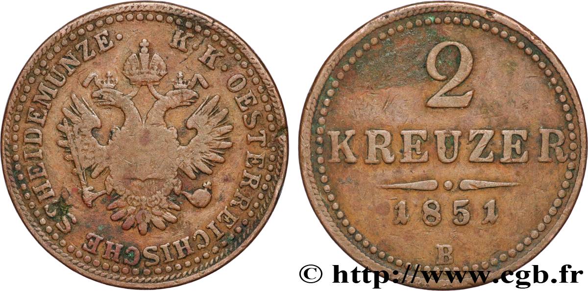 AUTRICHE 2 Kreuzer 1851 Kremnitz TB+ 