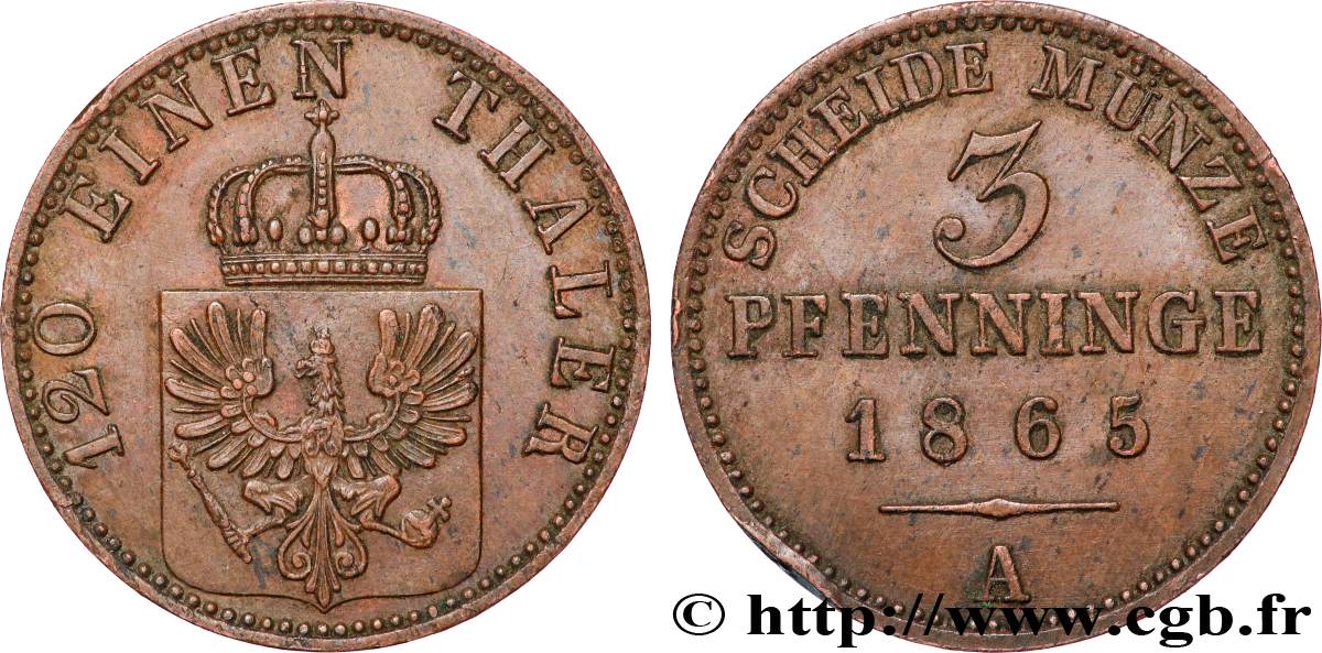 GERMANY - PRUSSIA 3 Pfenninge 1865 Berlin AU 