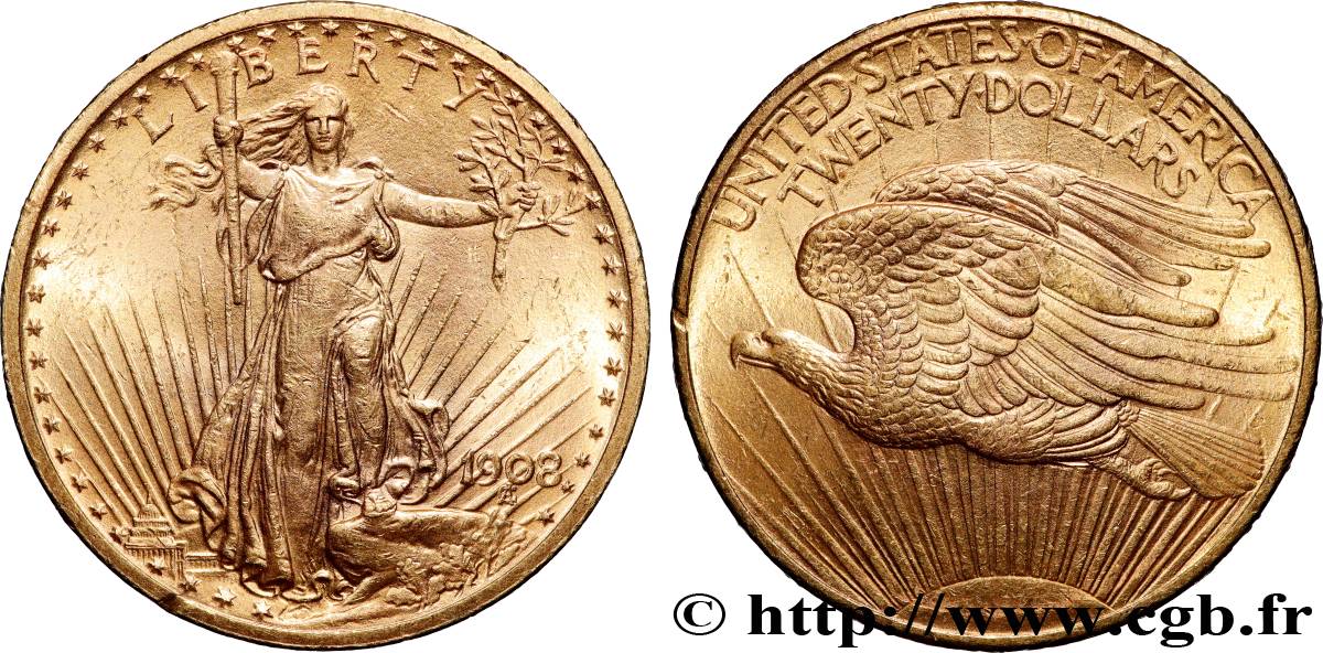 ORO, PALADIO Y PLATINO INVERSIÓN 20 Dollars “Saint-Gaudens” 1908 Philadelphie MBC+ 