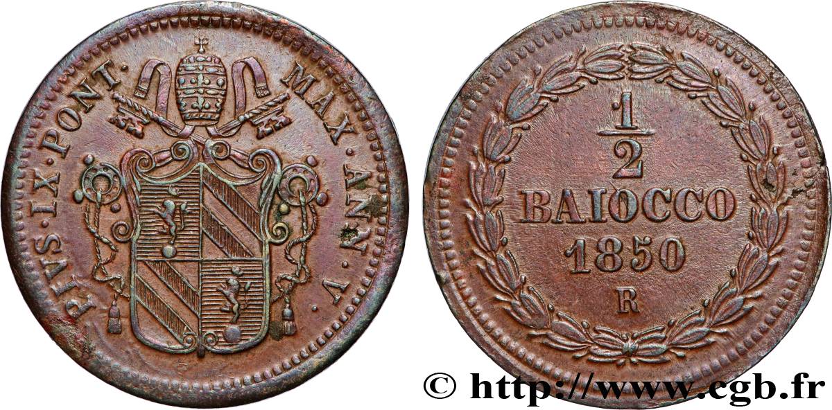 ITALIA - ESTADOS PONTIFICOS - PIE IX (Giovanni Maria Mastai Ferrettii) 1/2 Baiocco Pie IX an V 1850 Rome MBC+ 