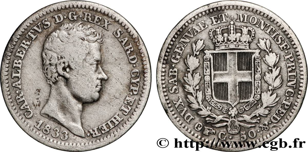 ITALY - KINGDOM OF SARDINIA - CHARLES-ALBERT 50 Centesimi  1833 Turin VF 