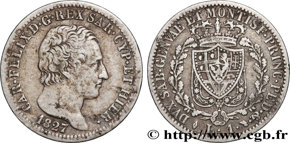 ITALIA - REINO DE CERDEÑA 1 Lire Charles Félix 1827 Turin BC+ 