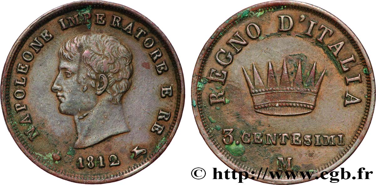 ITALY - KINGDOM OF ITALY - NAPOLEON I 3 centesimi  1812 Milan XF 