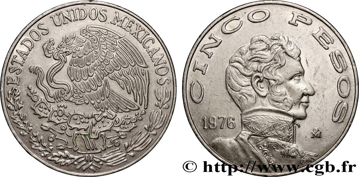 MEXIQUE 5 Pesos Vicente Guerrero variété à grande date 1976 Mexico SUP 