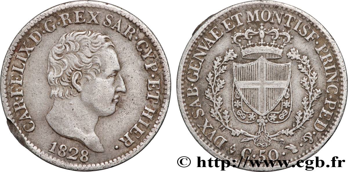 ITALIE - ROYAUME DE SARDAIGNE 50 Centesimi Charles Félix 1828 Turin TTB 