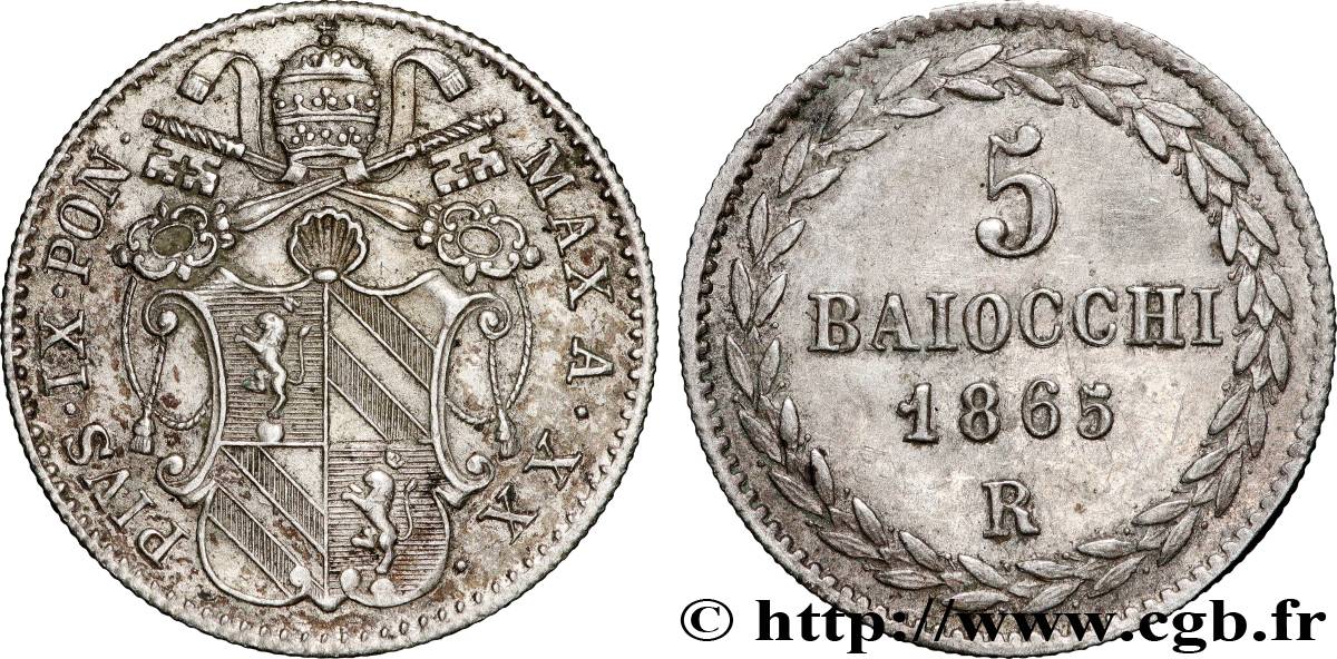 ITALIE - ÉTATS DU PAPE - PIE IX (Jean-Marie Mastai Ferretti) 5 Baiocchi an XX 1865 Rome TTB+ 