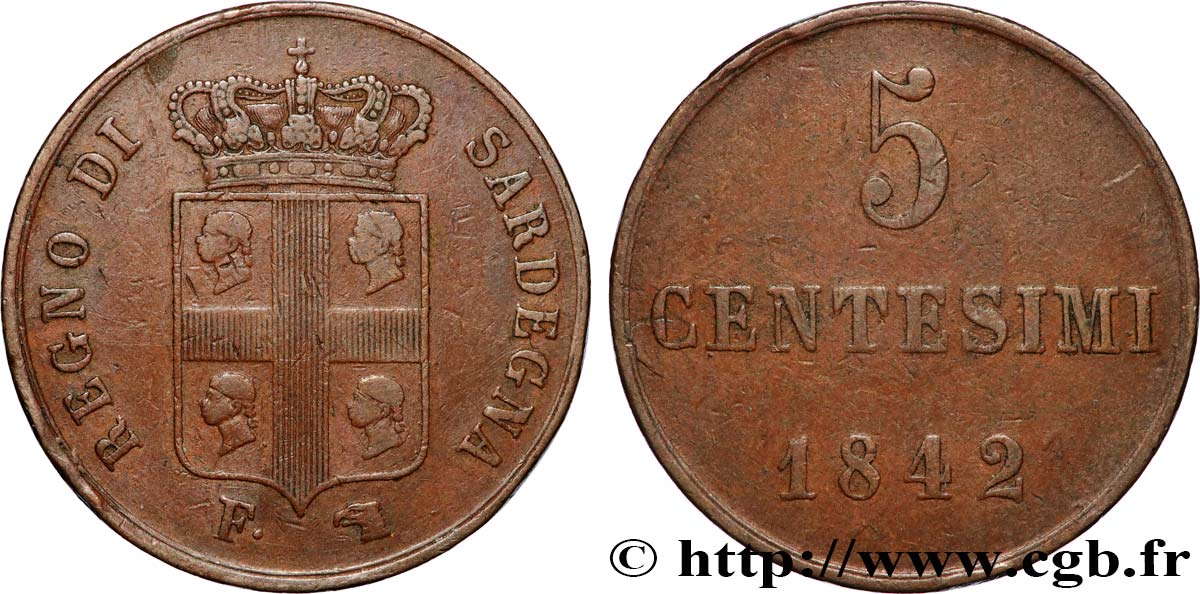 ITALIA - REGNO DE SARDINIA 5 Centesimi Royaume de Sardaigne 1842 Turin MB 