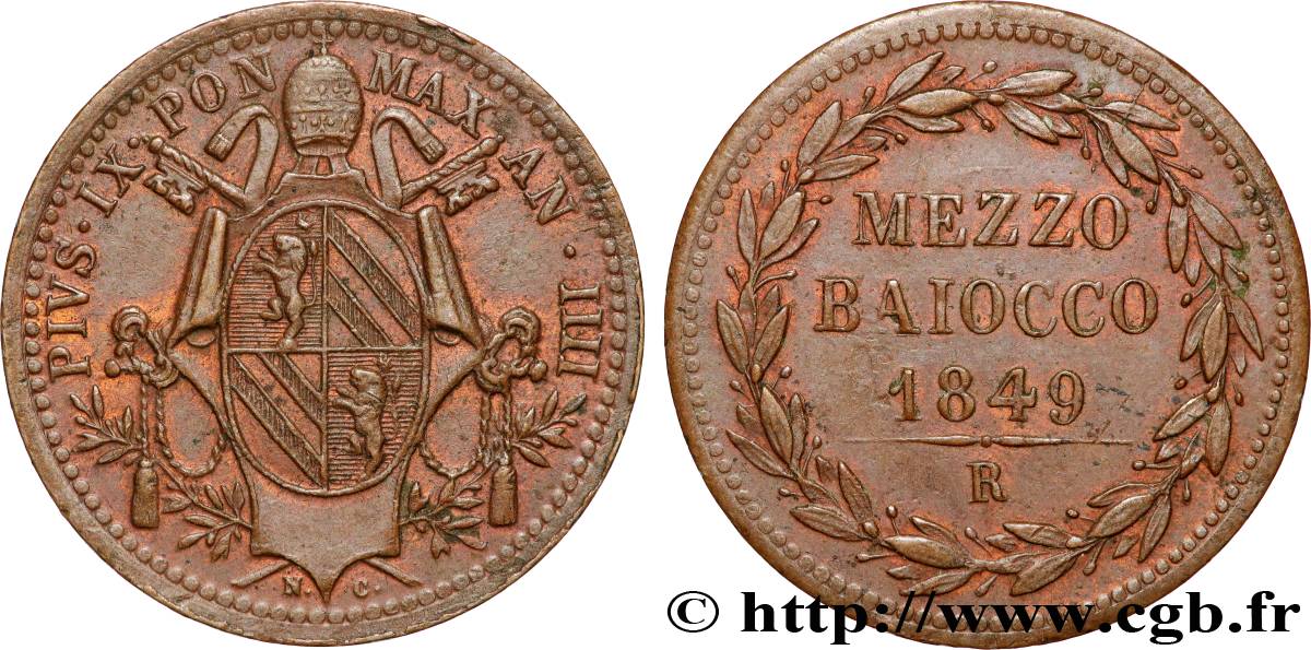 ITALY - RÉPUBLIQUE ROMAINE 1/2 Baiocco 1849 Rome AU 