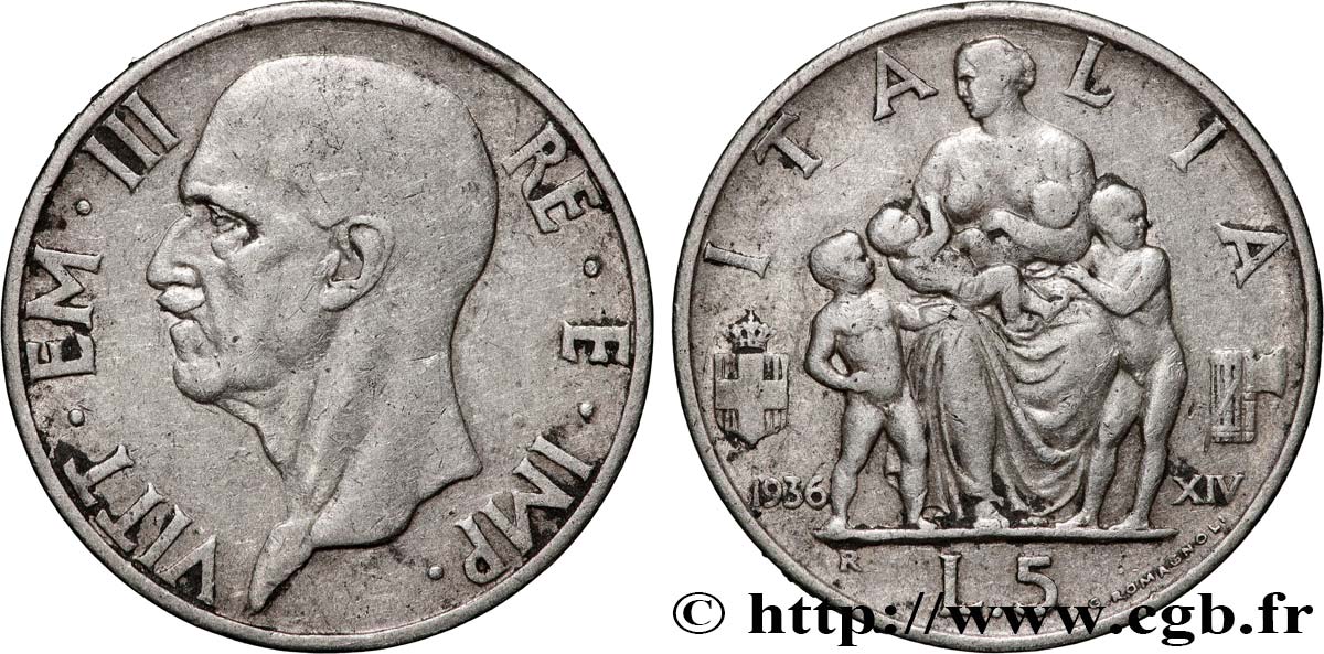 ITALIE 5 Lire Victor Emmanuel III an XIV 1936 Rome - R TTB 