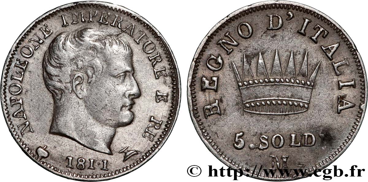 ITALIA - REINO DE ITALIA - NAPOLEóNE I 5 Soldi  1811 Milan - M MBC 