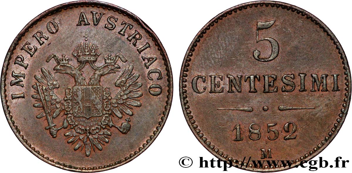 ITALIA - LOMBARDIA-VENETO 5 Centesimi Empire autrichien 1852 Milan BB 