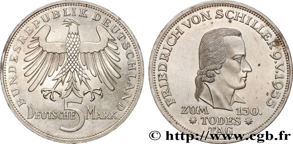 DEUTSCHLAND 5 Mark Friedrich von Schiller 1955 Stuttgart fST 