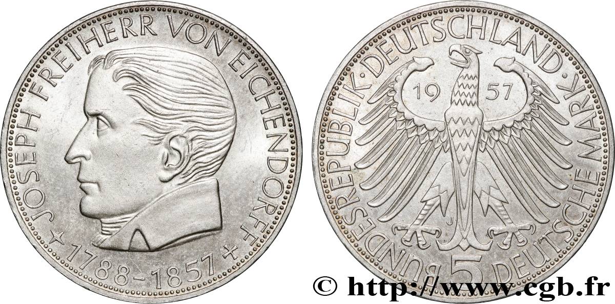 DEUTSCHLAND 5 Mark Joseph Freiherr von Eichendorff 1957 Hambourg  fST 