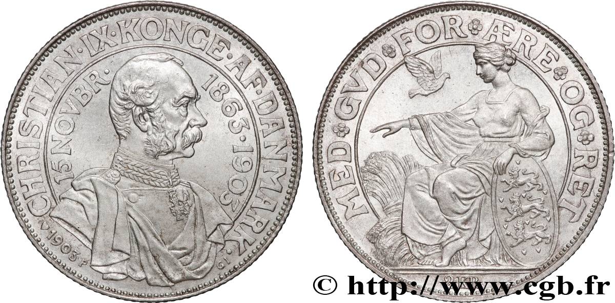 DANEMARK 2 Kroner 40e anniversaire de règne du roi Christian IX  1903 Copenhague SPL 