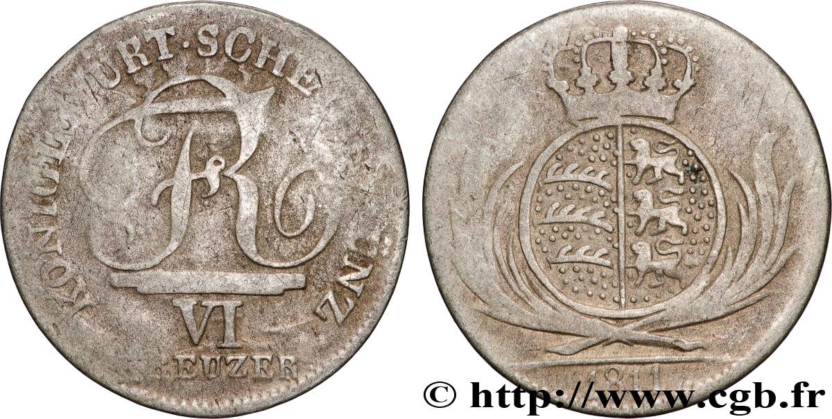 ALEMANIA - WURTEMBERG 6 Kreuzer Frédéric Ier roi du Würtemberg 1811  BC 