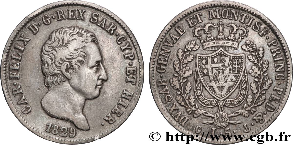 ITALIE - ROYAUME DE SARDAIGNE - CHARLES-FÉLIX 5 Lire  1829 Gênes TTB 