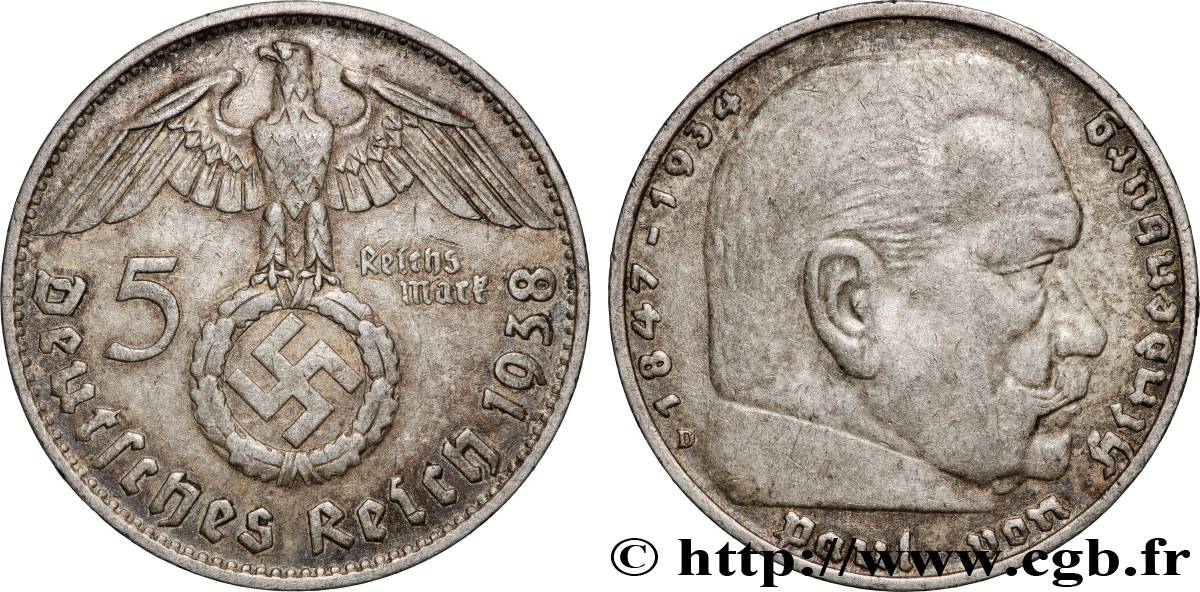 ALLEMAGNE 5 Reichsmark Maréchal Paul von Hindenburg 1938 Munich - D TTB 