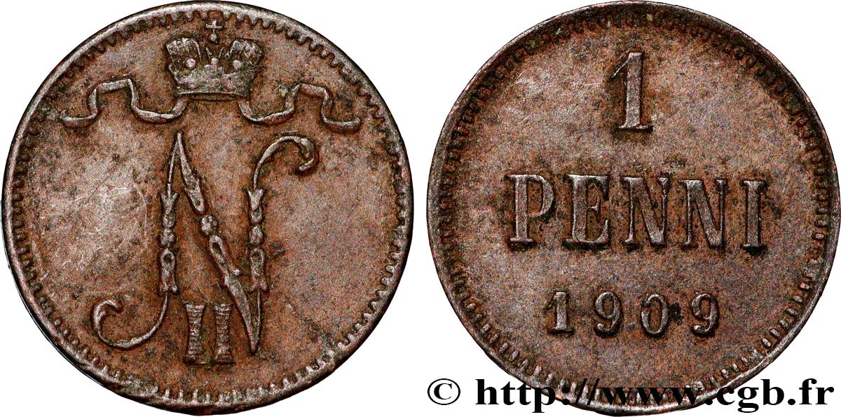 FINLAND 1 Penni monogramme Tsar Nicolas II 1909  XF 