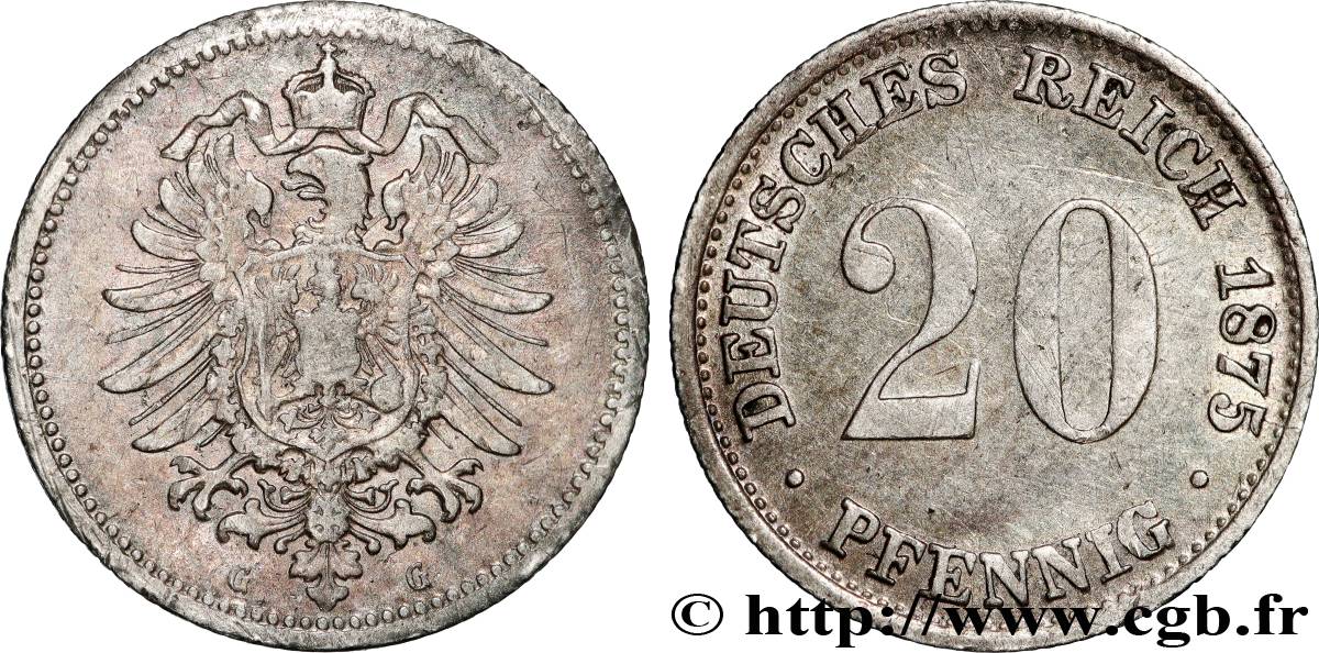 GERMANY 20 Pfennig aigle impérial héraldique 1875 Karlsruhe XF 