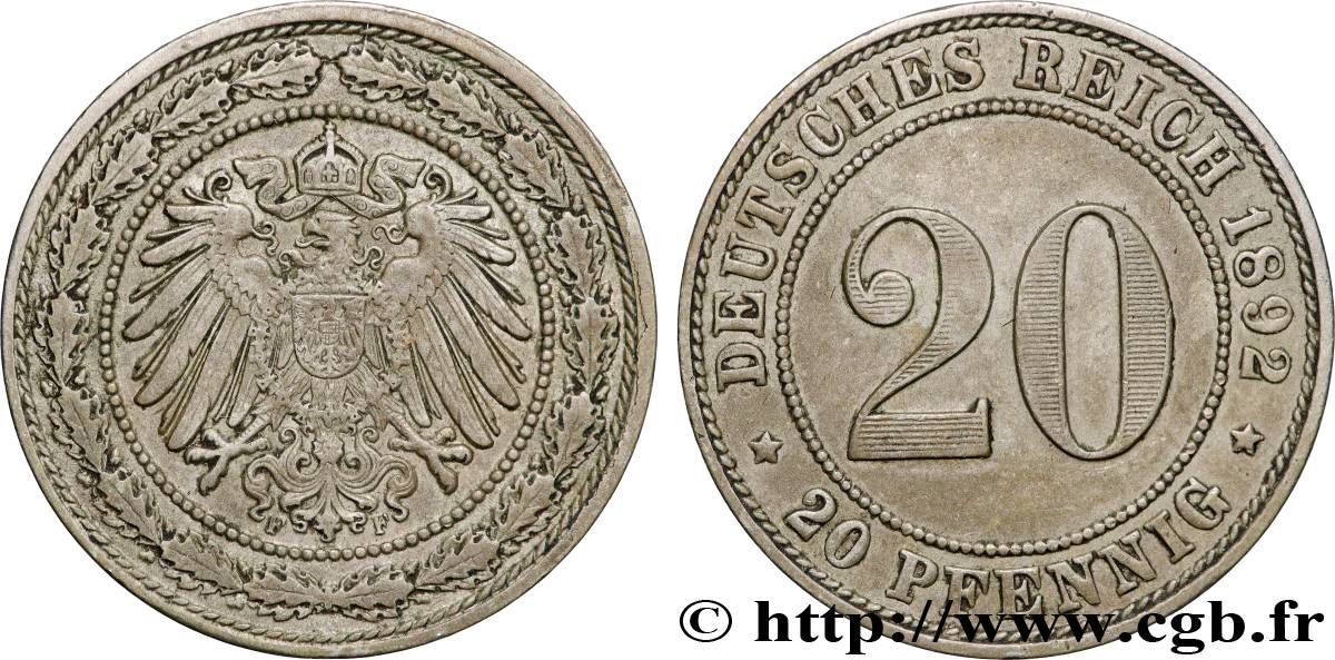 ALLEMAGNE 20 Pfennig 1892 Stuttgart TTB 