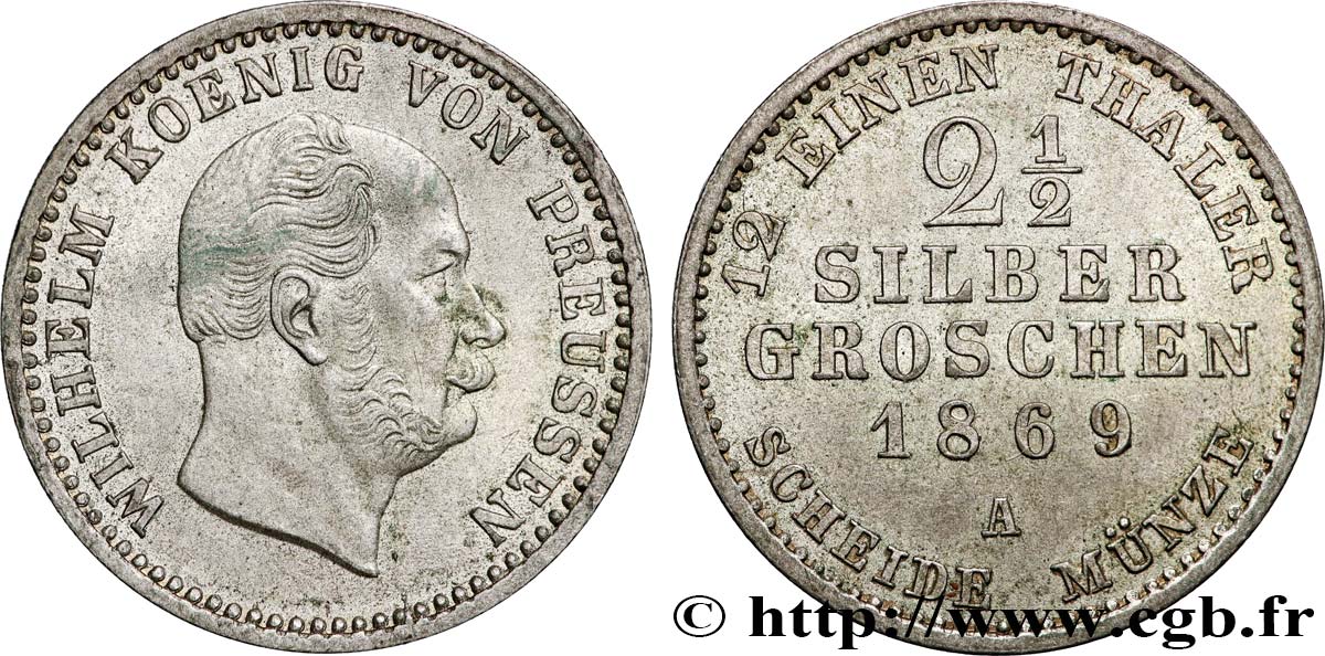 GERMANY 2 1/2 Silbergroschen (1/12 Thaler) Guillaume 1869 Berlin AU 