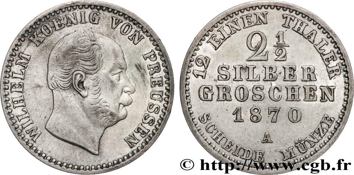 GERMANY - PRUSSIA 2 1/2 Silbergroschen (1/12 Thaler) Guillaume 1870 Berlin AU 